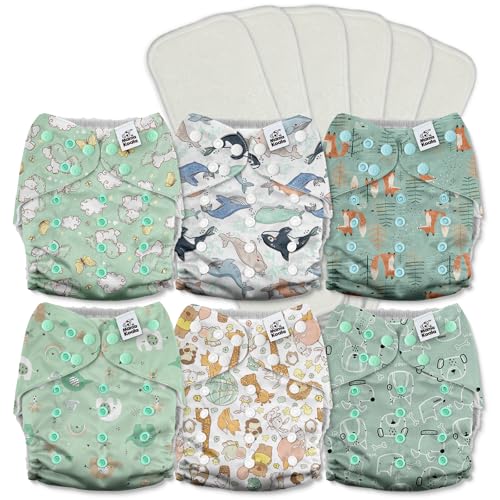 Mama Koala 3.0 Cloth Diapers for Babies with AWJ Lining, 6 Pack with 12 5-Layer Bboo(No Microfiber) Cloth Diaper Inserts - Reusable and Washable Pocket Diapers(12-My Warm Heart)
