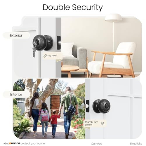 HOSOM Door Knob with Lock and Key, Keyed Entry Door Knob, Exterior and Interior Door Lock for Front Door Commercial and Residential Area, Entry Door Handle for Bedroom and Bathroom, Matte Black