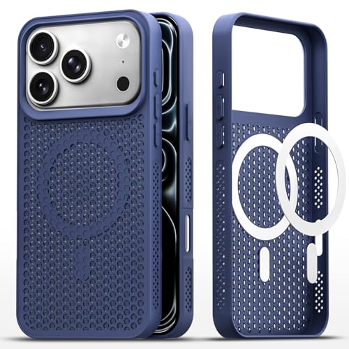 Image of Outlouders Back Cover for iPhone 17 Pro Max | Honeycomb Cooling Design | Silicone Heat Dissipation | Mag-Safe Compatible | Shockproof Camera Protection Bumper Case (Blue Mag-Safe)