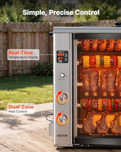 Image of VEVOR Countertop Vertical Oven Brazilian Flame 5 Auto Rotating Skewers | for Steak, Fish, Lamb Leg, Outdoor Gas Heating Rotisserie Shawarma Machine, Meat Kebab Grill, with Curved Glass Door