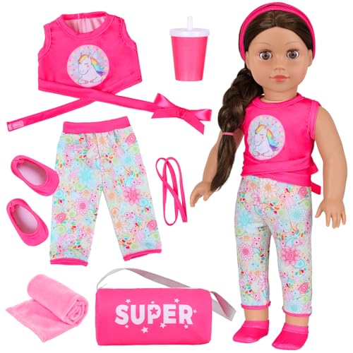American 18 inch Doll 7-Piece Gymnastics Doll Yoga Outfit Set , Pink Pony Design with Accessories, Sports Bag and Headband (Dolls NOT Included) Yoga Style