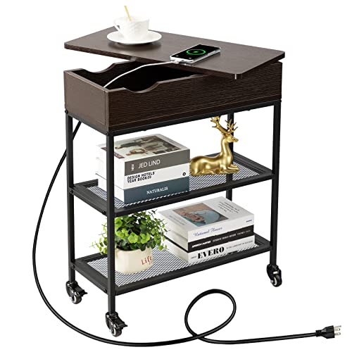 Hadulcet Table basse avec station de charge, table de canapé, table de chevet à dessus pivotant, coupe ajustée, en noyer noir avec sortie pour salon,...