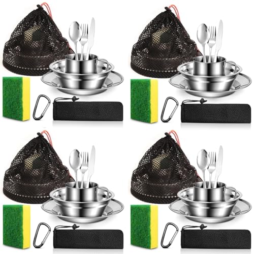 Scout Camping Mess Kit for Person 18/8 Stainless Steel Utensils Camping Dinnerware Kit Boy Scout Dishes Set Girl Scout Mess Kit with Mesh Bag Camping Cutlery Set for Travel Trip School Camp (4 Set)