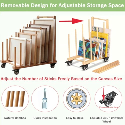Image of Art Storage Rack with Brake Caster Wheels,Art Drying Rack Wooden Storage Rack for Canvas Frames,Drawing Board Prints,Paper Pads,Perfect for Studios,Galleries, Museums, Art Venues (Large)