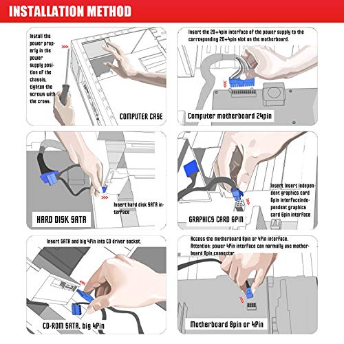 Asiahorse Power Cords Customization Mod Sleeve Extension Pc Audio Video Power Supply Cables Kit 16Awg Atx/Eps/8-Pin Pci-E/6-Pin Pci-E (Red) #TOP7
