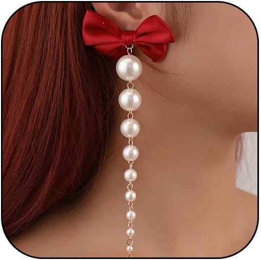 Red Bow and Long Pearl Drop Earrings for Women Dangling Black Bow with Pearl Hanging Tassel Earring Bridal Wedding Prom Jewelry