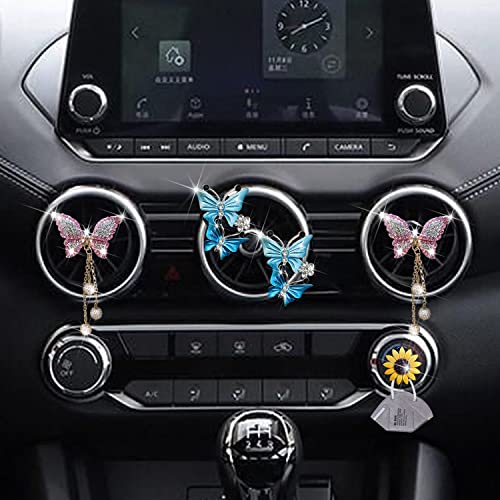 Image of 4 Pcs Bling Butterfly Air Vent Clips, Pink & Blue Butterfly Car Air Fresheners Vents Clips Car Diffuser Diamond Car Interior Decor Cute Car Accessories Car Decoration for Women +Sunflower Mask Hook