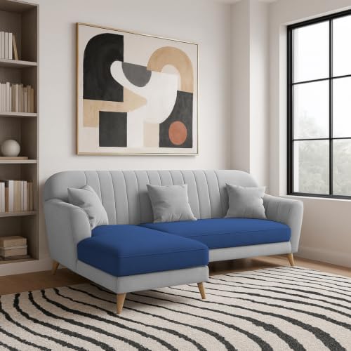 Image of Atticus LHS 4 Seater L Shape Sofa Set with Ottoman for Living Room (Blue Grey Fabric) Premium Fabric Sofa Set