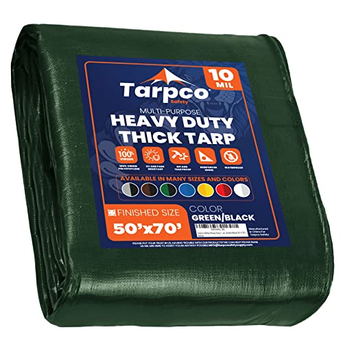 Image of Heavy Duty 10 Mil Tarp Cover, Waterproof, UV Resistant, Rip and Tear Proof, Poly Tarpaulin with Reinforced Edges for Camping, Roof, Patio, Pool, Boat. (Green /Black 50′ X 70′)