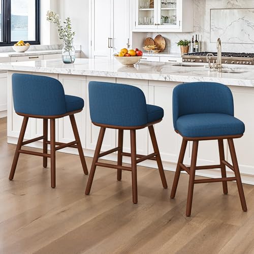 LUE BONA Counter Height Bar Stools of 3 Upholstered Barstools with Wooden Legs and Backs 19.7 W & 27.6 H Stools for Kitchen Counter Fabric in Navy Blue