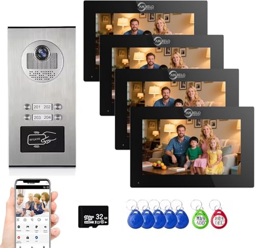 Videoportero para apartamentos con timbre HD 1080p, 2 pantallas táctiles de 7 pulgadas, detección de movimiento, audio bidireccional y compatible con Tuya Smart Home (1 timbre + 4 monitores negros)