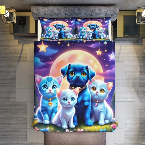 Housse de couette chat avec taies d'oreiller ensemble de lit microfibre 220x240cm pour grand lit