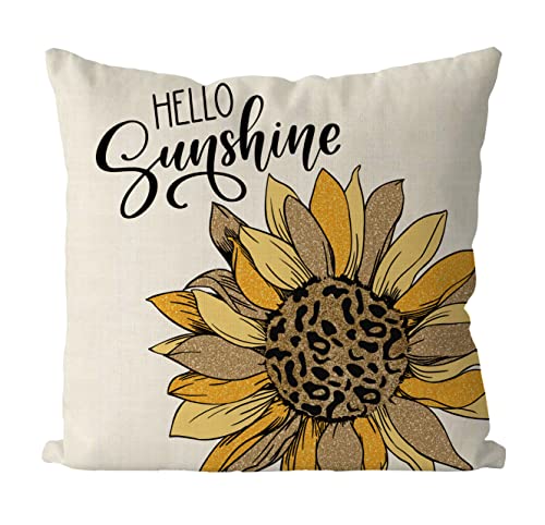 Fundas de almohada de verano de 18 x 18 pulgadas, funda de almohada de leopardo con girasol Hello Sunshine para el hogar, sofá, dormitorio, decoración de casa Cover