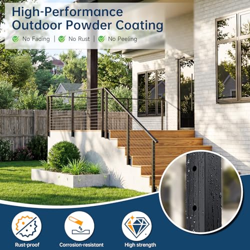 Image of 2 Pack Side Mount Cable Railing Post 36 inch (Post Body 44 inch), Level Drilled Space-Saving Rail Post with 11 Holes, Stainless Steel Fascia Mount Cable Railing System, Black Indoor Outdoor Deck Post