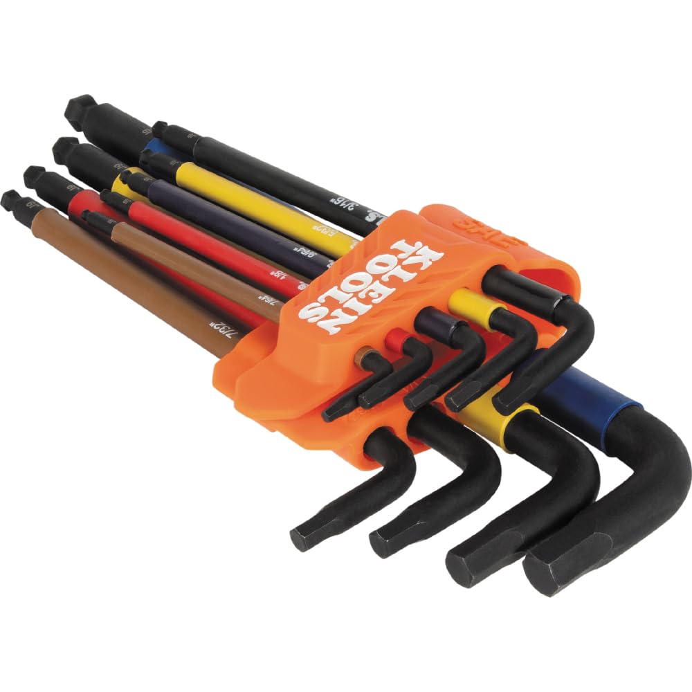 KLEIN TOOLS BLS9 Lot de 9 clés hexagonales extra longues SAE, code couleur, style L, traitées thermiquement, tailles 7/64" à 3/8"