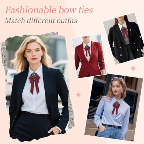 Image of Rhinestone Retro British Style Pre-tied Adjustable Fabric Ribbon Bow Tie for Women Men Uniform Necktie Bownot