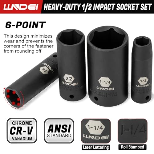 Image of LLNDEI 1 /2 inch Drive Deep Impact Socket Set, 37 Piece Standard SAE 3 /8 inch to 1-1 /4 inch | Metric 8 to 24mm, Includes Spark Plug Socket (16, 21mm), CR-MO Universal Joint, Extension Bars and Adapter