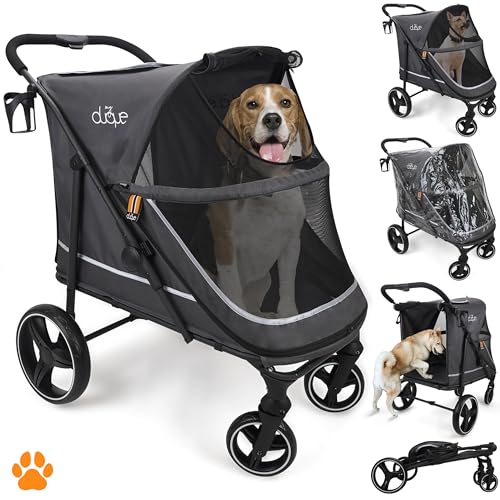 MY DUQUE - Passeggino per animali CHAMP - XL Large, passeggino per cani, spazioso, passeggino per animali, cani, pieghevole, con parapioggia, portabicchieri, carico max. 50 kg / 110 libbre col. grigio
