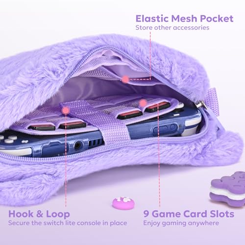 Image of innoAura Switch Lite Case 14-in-1 Accessories Bundle for NS Switch Lite (2019), with Protective Carrying Case, Game Holder, Screen Protector & Cute Thumb Grips, Purple Cat Plush Bag