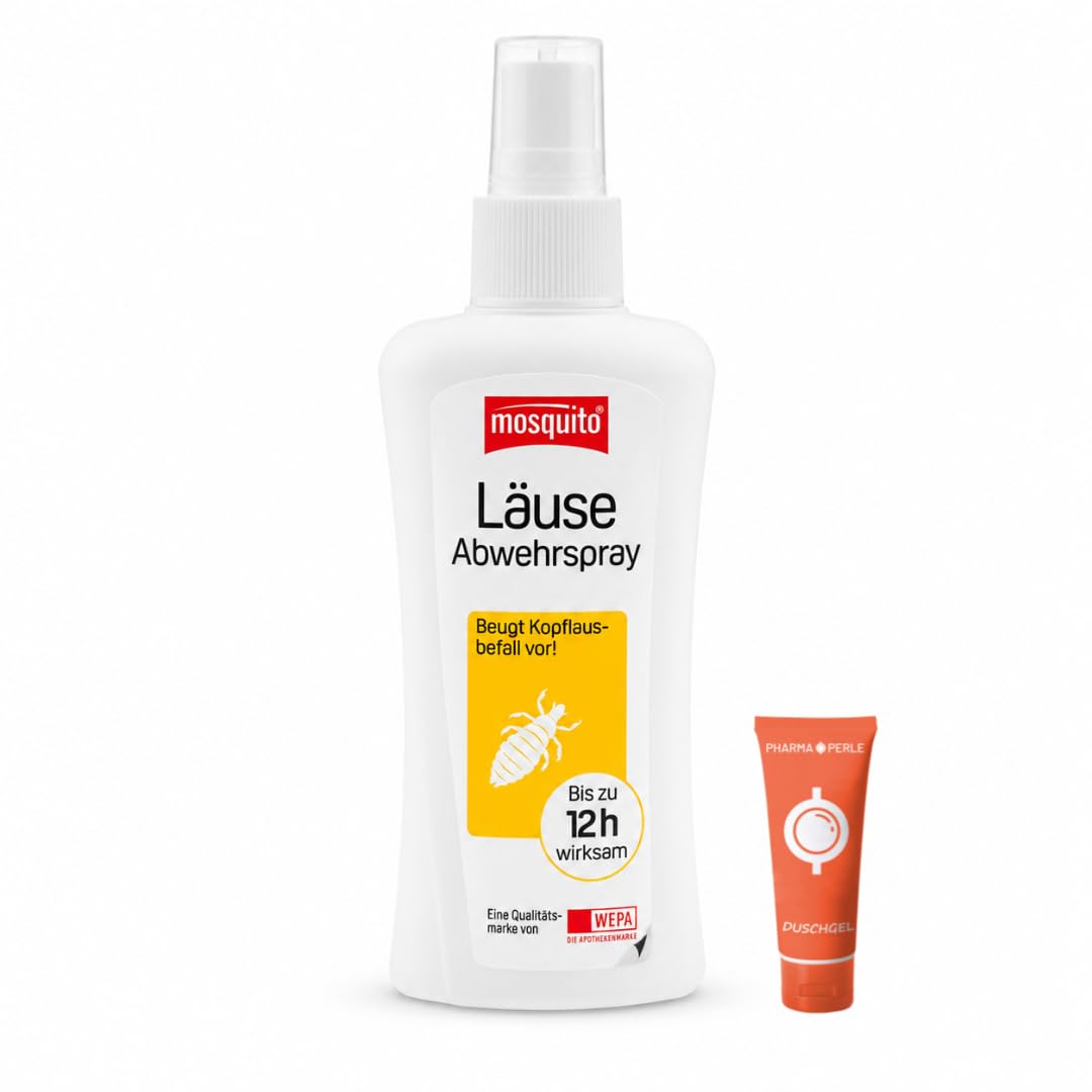 mosquito Läuse Abwehrspray 100 ml I Zur vorbeugenden Abwehr von Kopfläusen I Für Kinder ab 6 Monaten I bei Läusealarm in Kita & Schule I Bis zu 12 Stunden wirksam I mit Pharma Perle Duschgel (1x)