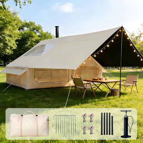 Ziziella Inflatable Tents for Camping, Easy Setup Inflatable Tent with Canopy, Large Glamping Tent with Pump,Waterproof Oxford 4 Season Air Tent with Skylight Mesh Windows for 4-6 Person