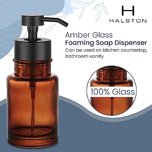 Image of H Halston Amber Glass Foaming Soap Dispenser, Hand Soap, for Kitchen and Bathroom Sink, Heavy Weight Modern Farmhouse Home Decor, Large Capacity Thick Glass Rustproof Pump, Refillable