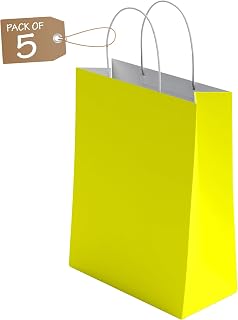 5 bolsas pequeñas de papel amarillo con asas, bolsas de regalo de papel colorido para fiestas infantiles, bodas, cumpleaños, baby showers, Navidad y dulces, 18 x 22 x 8 cm, bolsas de papel kraft