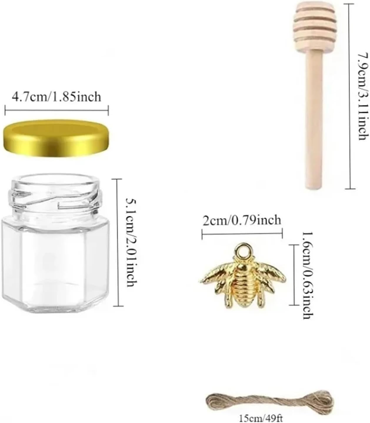 Honey Jars Party Favors 20Packs 1.5Oz Mini Hexagon Glass Honey Jars with Wood Dipper Bee Pendants and Jutes Home Jam Jars for Party Favors Wedding Baby Shower