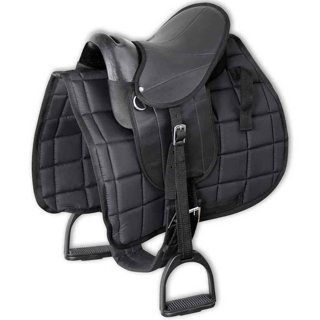 Set di sella per pony, 25,4 cm, colore nero, con coprisella imbottito, staffa, cintura e supporto per staffe, imbottita ergonomica, per una comoda equitazione su pony, ideale per il tempo