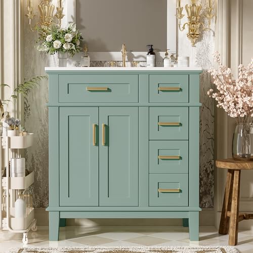 Image of Merax 30" Small Bathroom Vanity with Ceramic Sink, Modern Solid Wood Frame Free-Standing Storage Cabinet, Soft-Close Doors, 2 Drawers & Under-Sink Storage, Space-Saving for Small Bathroom, Light Green