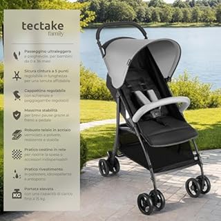 tectake® Passeggino Pieghevole per Bambini da 0 a 3 Anni, Passeggino Leggero con Cintura a 5 Punti Regolabile, Freno a Pedale, Tettuccio Parasole, Ruote Girevoli, Freno a Pedale – Nero