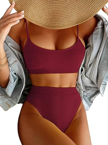 Image of Lilosy High Waisted Tummy Control Ribbed Bikini Crop Top Brazilian Swimsuit Set 2 Piece