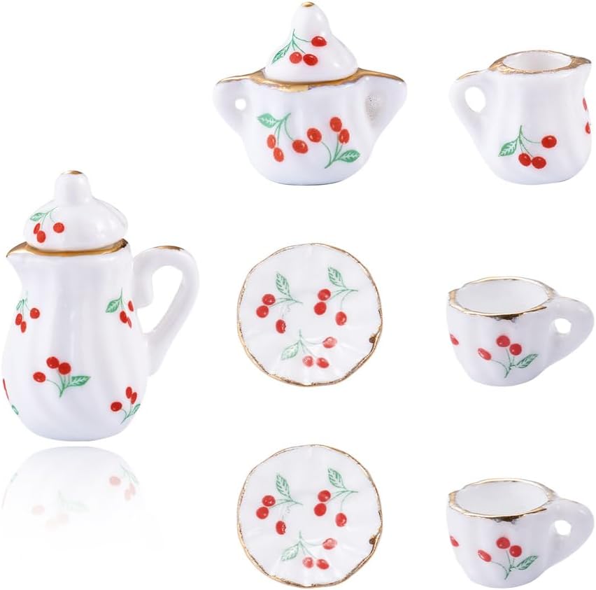 Beadthoven 7Pcs Mini Ceramic Tea Sets Cherry Pattern Miniature Dollhouse Ornaments Small Porcelain Tea Cup Teapot Sugar Bowl for Micro Landscape Garden Dollhouse Kitchen Accessories