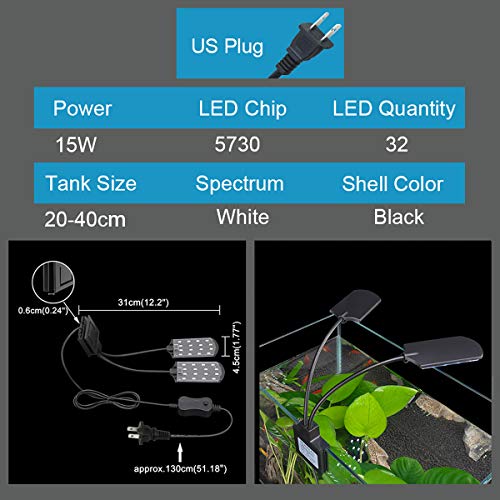 Senzeal X7 Gemini Double Head Aquarium Fish Tank Light Us 15W 32 Led Aquarium Planted Clip Lamp 1600Lm For 8-15 Inch Fish Tank White Led Lighting #TOP1