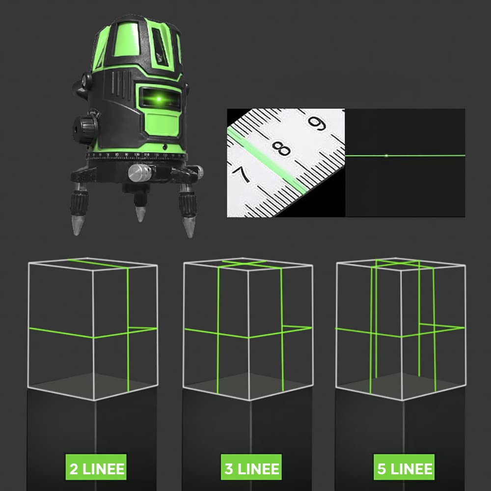 Mediawave Store - Livella Laser Autolivellante 360°, Multilinea Verticale, Orizzontale, Raggio Verde, Ricaricabile, Livella Laser Autolivellante 360°
