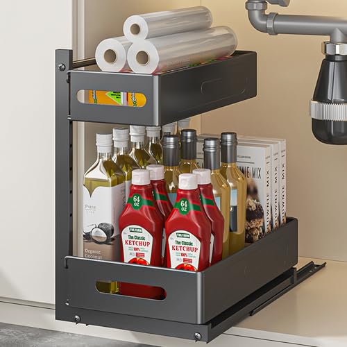 YunNasi Rangement sous Évier Tiroir Coulissant à Extraction pour Cuisine Étagère sous Évier à 2 Niveaux en Métal Étagère à Épices Organisateur sous...
