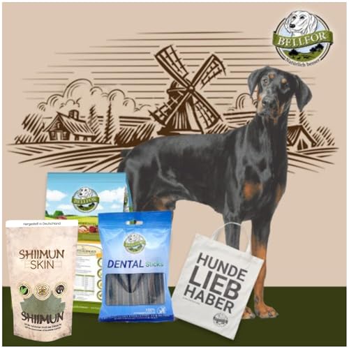 Bellfor Futterset für Dobermann – Getreidefreies Trockenfutter mit Huhn 4 kg, Dental Sticks 100 g & Ergänzungsfuttermittel Shiimun Skin Pulver 50 g