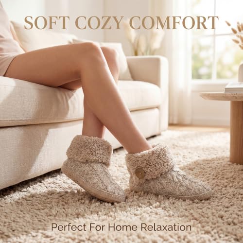 Image of cosyone1997 Cable Knit Slipper Socks for Women Non Slip Soft Sole | Fuzzy sherpa lining, gripper dots, flexible bootie coverage and machine washable care for warm, comfortable indoor wear