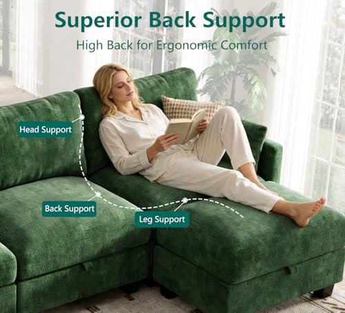 Image of Modular Sectional Sofa, 132 inch U Shaped Couch with Storage | High Resilience Foam, 22 inch Seat Depth, Movable Ottoman, Comfy Chenille, Easy Assembly, Green