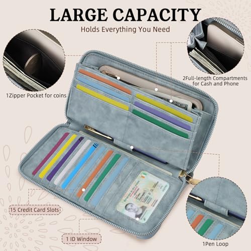 Image of APHISON Wallet Women Large Capacity Clutch Purse For Ladies Card Holder RFID Wristlet Phone Zipper Coin Travel Pocket, 07-blue, 8.2 inch x 4.33 inch x 1 inch, Utility