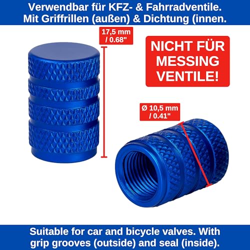 Ventilkappen aus Aluminium, 4 Stück, in Blau, für Auto BZW. Schrader Ventile, Ventil Kappe mit Dichtung, Reifenventil Caps für KFZ, Fahrrad, Motorrad, Roller, Luftventilkappen, Staubschutz Kappen
