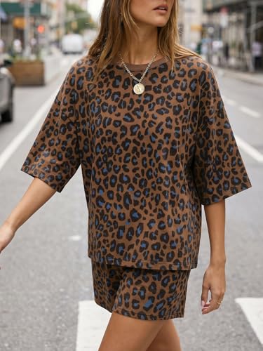 Image of Tankaneo Womens Pajama Sets 3 /4 Sleeve Oversized Tops & Loose Fit Shorts Lounge Set with Pockets Loungewear