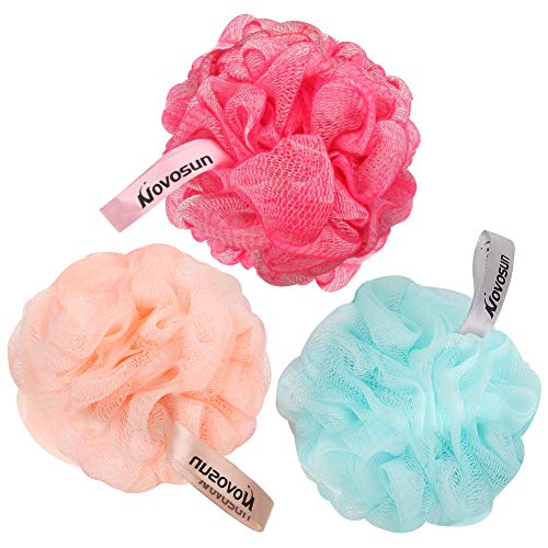 Loofah Bath Sponge,Shower Pouf Exfoliating Body Scrubber Ball Double Mesh Pouf Bath Sponges for Women and Men (Pack of 3, Multi Color)