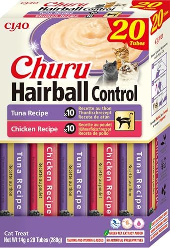 INABA Churu Hairball for Cats - Creamy Hairball Prevention Snack - Tuna and Chicken Recipes - Healthy Treats with Omega 3 and 6 - No Preservatives or Dyes - 280g (20 x 14g)