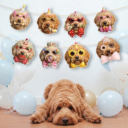 Image of Goldendoodle Birthday Banner, Dog Party Decorations Garland Doodle Gifts | 8 Unique Doodle Faces, Pre-Strung, Easy to Hang
