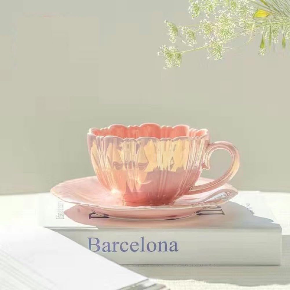 Blumenform Kaffeetasse Set Perlenglanz Blumentasse 230ml Espressotasse niedliche Capuccinotasse mit Untertasse für Frauen Freundin Geburtstag Muttertag Valentinstag (Rosa)