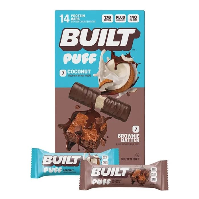14 Pack Protein Bars, 7 Coconut Flavor PUFF and 7 Brownie Batter 17g Protein, Gluten Free, 19.75 oz