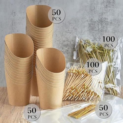 Cônes en papier jetables 400ml avec bâtonnets pour pop-corn et gaufres x50