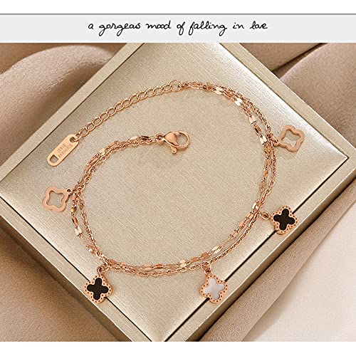 Cfshypd Four-Leaf Clover Titanium Steel Bracelet Bangle, Fashion Simple Rose Gold Double Chain Adjustable Bracelets Bangles, Hypoallergenic Cuff Jewelry Accessories Gift For Mother To Girlfriend #TOP5