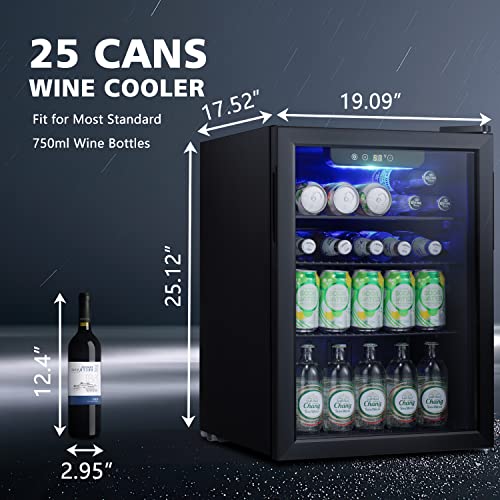 ZAFRO Mini Fridge 100 Cans Compressor Wine Cooler Refrigerator Freestanding Wine Cellar Front Glass Door and Temperature Memory Function for Soda Beer Bar Office Home 2.6 cu.ft